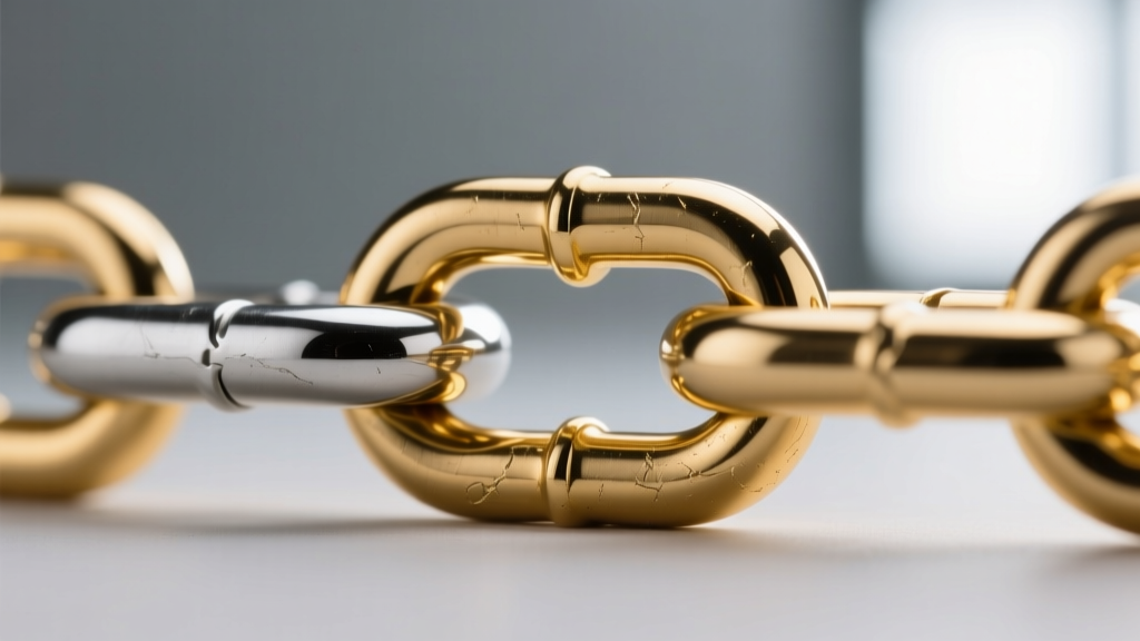 Macro shot of a stainless steel chain link with PVD gold coating, highlighting the seamless weld and smooth polished surface.