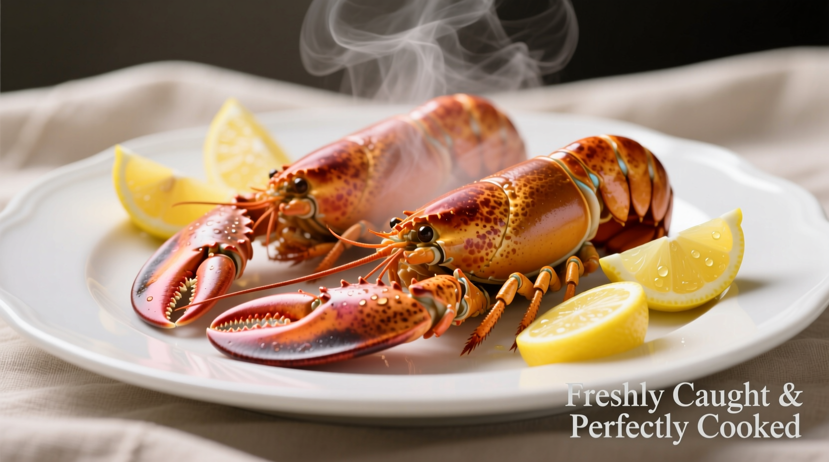 Perfectly cooked lobster tails on white plate with lemon wedges