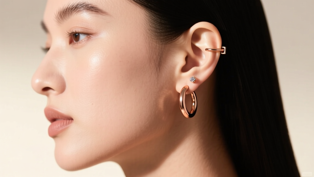Side profile of a model wearing a 12mm thick rose gold hoop earring, highlighting the flush clicker clasp on the bare earlobe