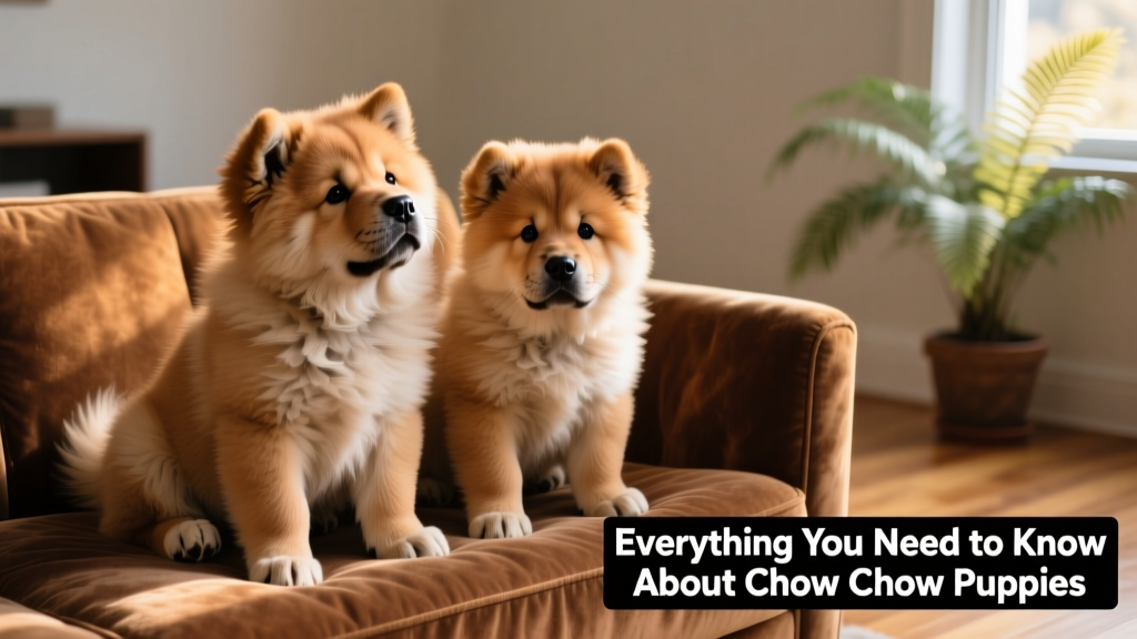 Two Chow Chow puppies sitting side-by-side on a brown couch