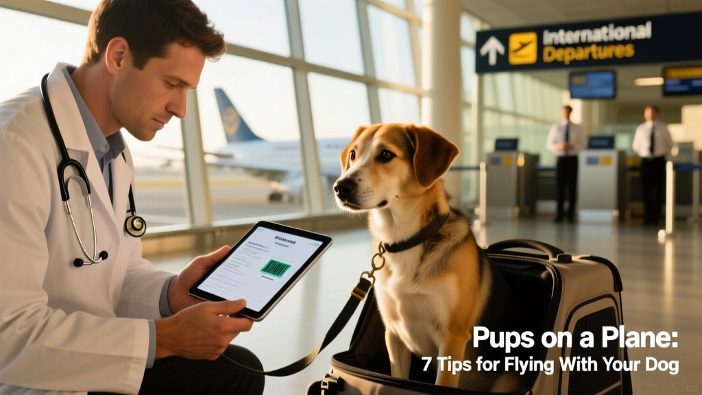 A veterinarian reviewing a dog's health certificate and microchip scan before an international flight