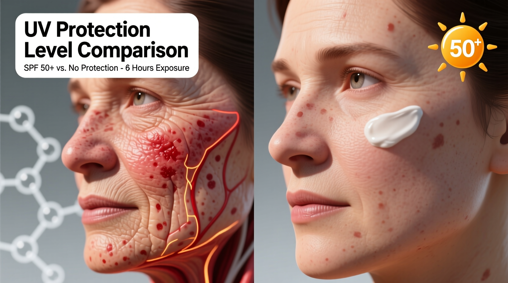 UV damage comparison showing skin protection levels