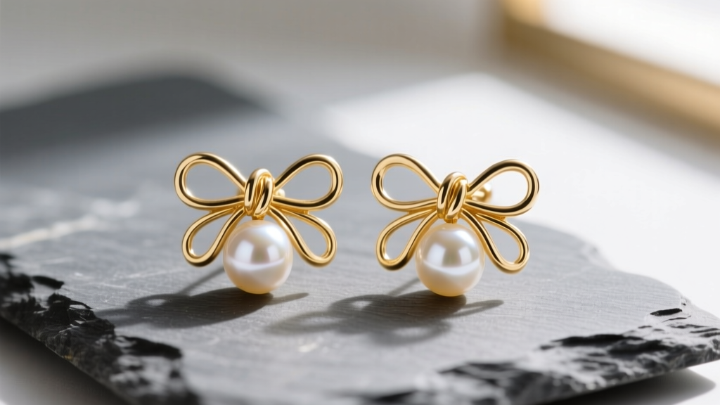 Macro shot of 14k gold bow and pearl earrings on slate, showing the wire-wrapped center knot and lustrous Akoya pearl.
