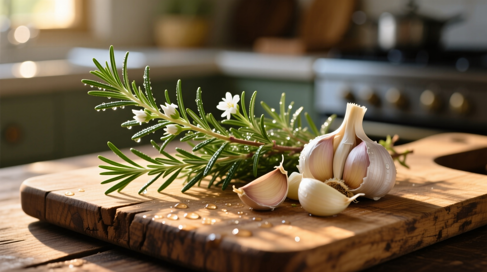 Fresh rosemary and garlic on wooden cutting board