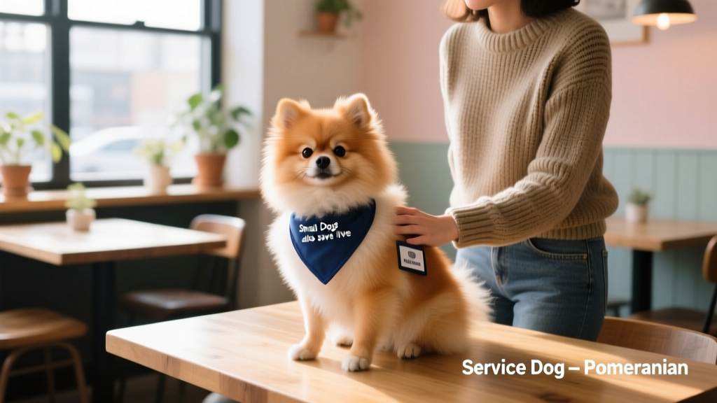 A calm Pomeranian seated beside its handler at a café table, wearing a subtle service identification bandana