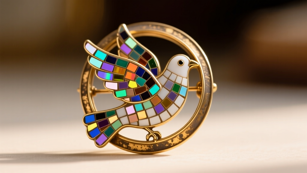 Macro photography of an 1890s Italian micro-mosaic dove brooch showing tiny glass tesserae set in a 14k gold frame