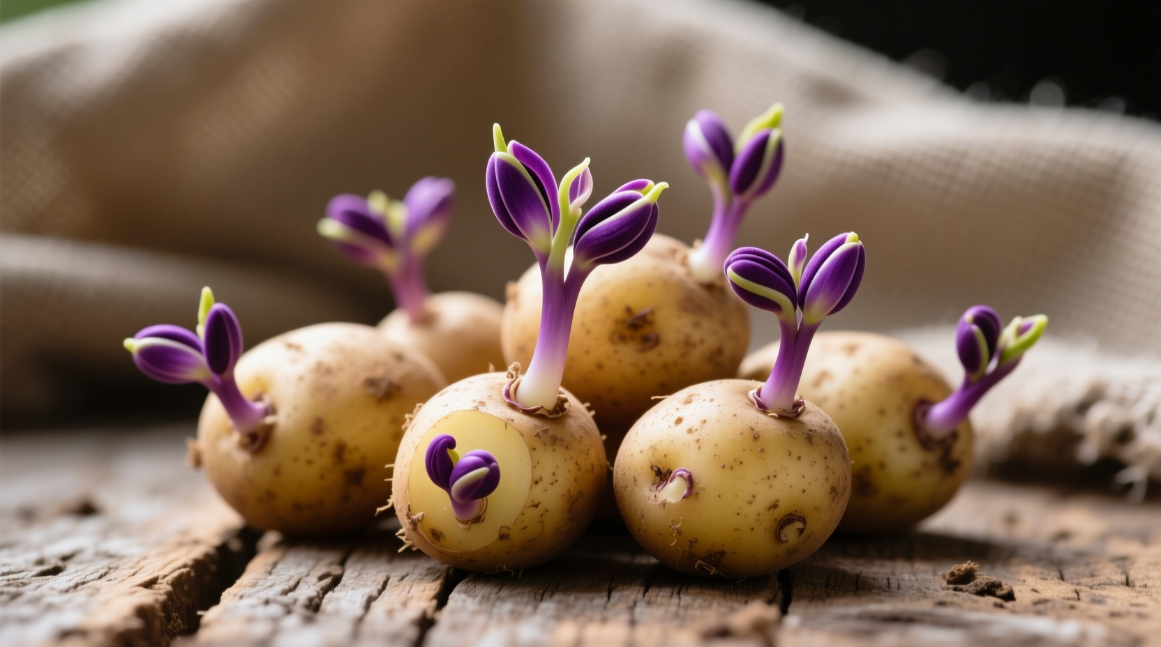 Healthy chitted seed potatoes with purple sprouts