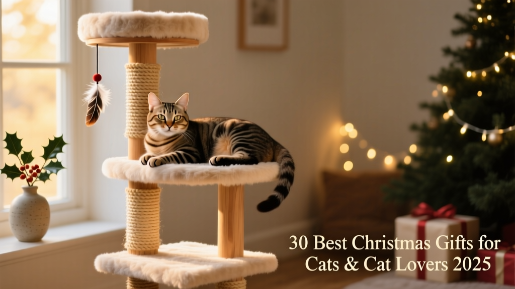 A cat lounging contentedly on a tall, multi-level faux fur cat tree with scratching posts and dangling toys