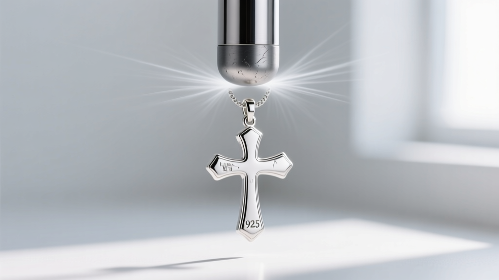 Rare earth magnet hovering above a silver cross pendant, demonstrating the non-magnetic test for authentic sterling silver