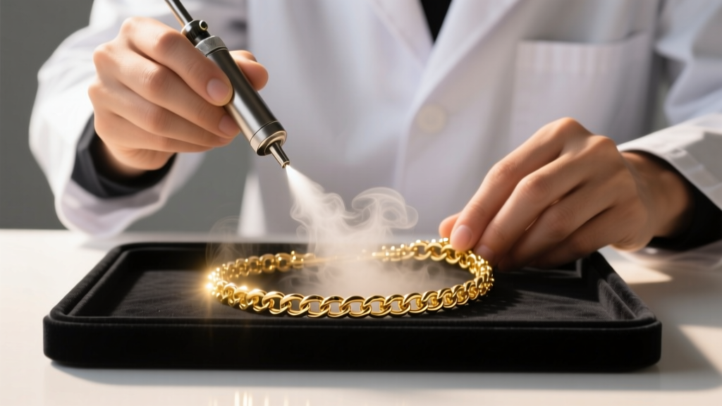Jeweler using a steam cleaner nozzle to clean a gold tennis bracelet, with vapor clouds illuminated by bright studio lights.