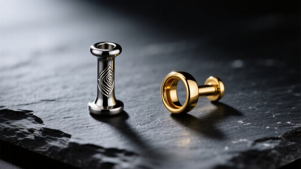 Macro shot of an 18g titanium nostril screw and a 16g gold septum clicker resting on dark slate, studio lighting