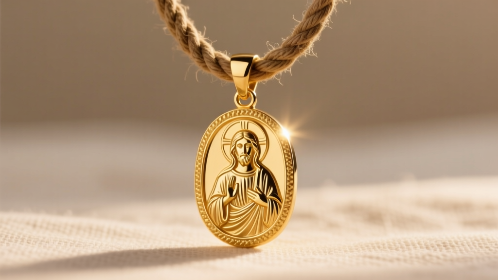 A 14k gold saint jude necklace on a vintage rope chain, glowing in warm golden hour light against a soft, neutral linen backdrop.