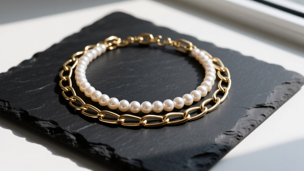 Macro shot of trending layered necklaces showing a gold paperclip chain and pearl choker on a dark slate jewelry display board