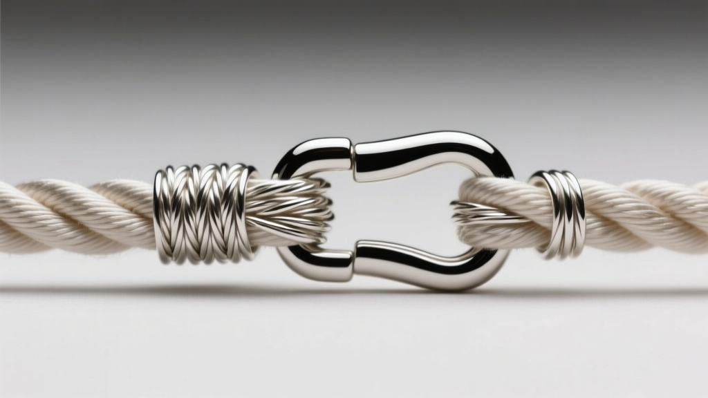 High-resolution detail of a French wire gimp protecting a size 6 silk cord where it attaches to a sterling silver lobster clasp.