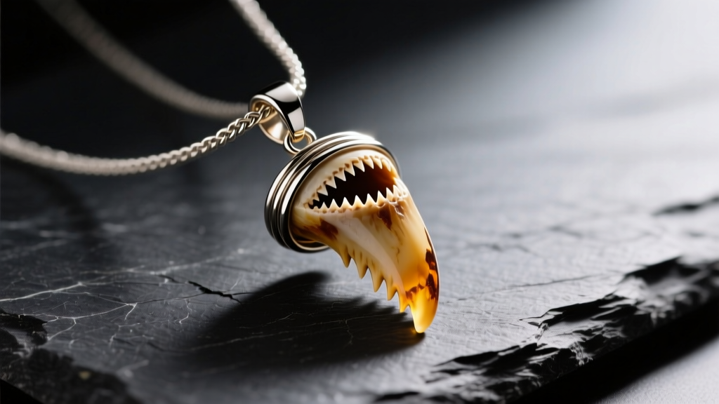 Close-up of a fossilized megalodon shark teeth necklace pendant wrapped in brushed titanium wire, resting on dark slate
