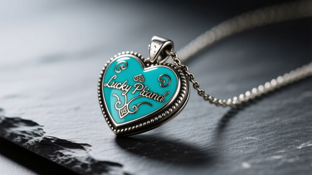 Close-up of an antiqued silver-tone Lucky Brand heart necklace with turquoise enamel inlay on dark slate under soft lighting