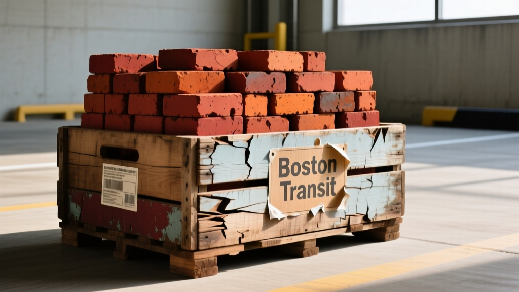 A weathered wooden crate filled with forty reclaimed red clinker bricks sitting on a loading dock with a faded Boston transit shipping label attached