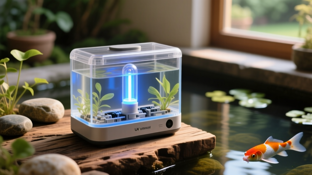 Close-up of a UV sterilizer unit with quartz sleeve and UVC bulb inside a transparent housing