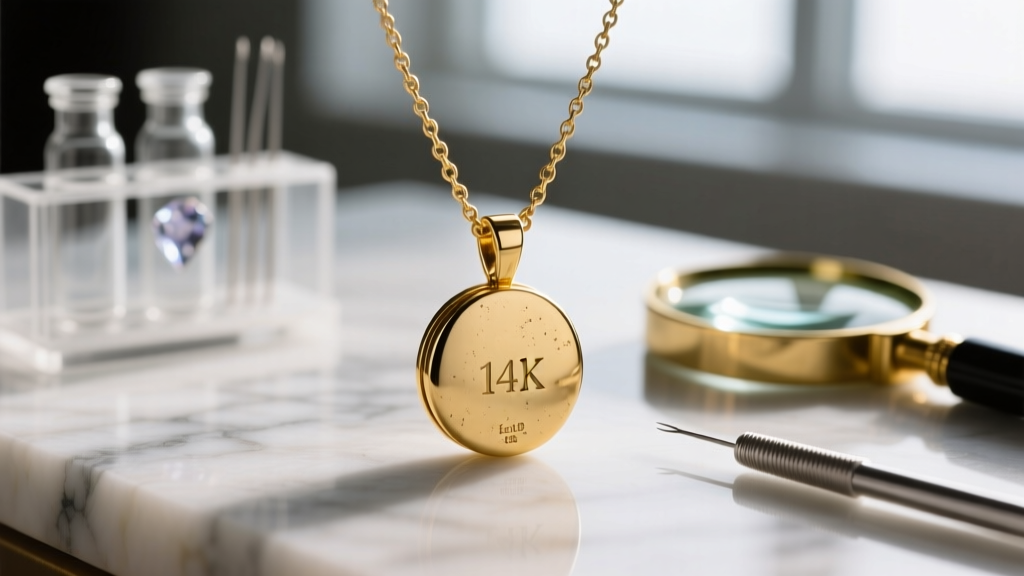 Macro shot of a 14k gold lavalier necklace clasp showing a faded hallmark and a gemological acid testing kit in the background.