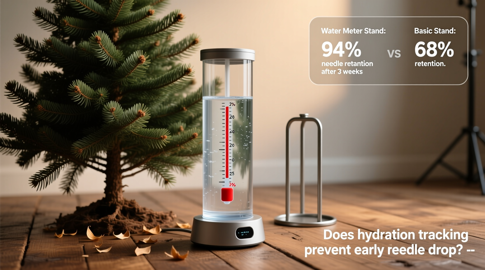 christmas tree stand with water meter vs basic stand does hydration tracking prevent early needle drop