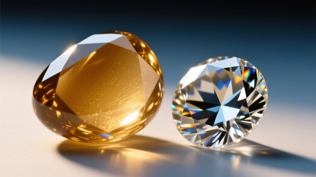Macro view of a lead-glass paste stone with rounded facet edges beside a sharp old European cut diamond under warm lighting.