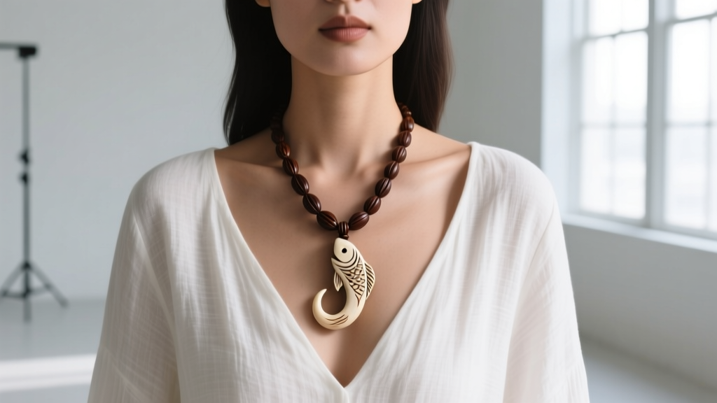 Woman in white linen top wearing a dark brown kukui nut necklace with a carved bone fish hook pendant resting gently on her chest