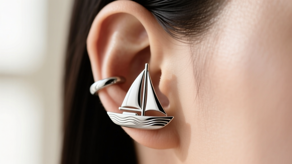 Side profile view of a lightweight 20-gauge titanium sailboat ear cuff wrapping snugly around the upper helix cartilage of the ear