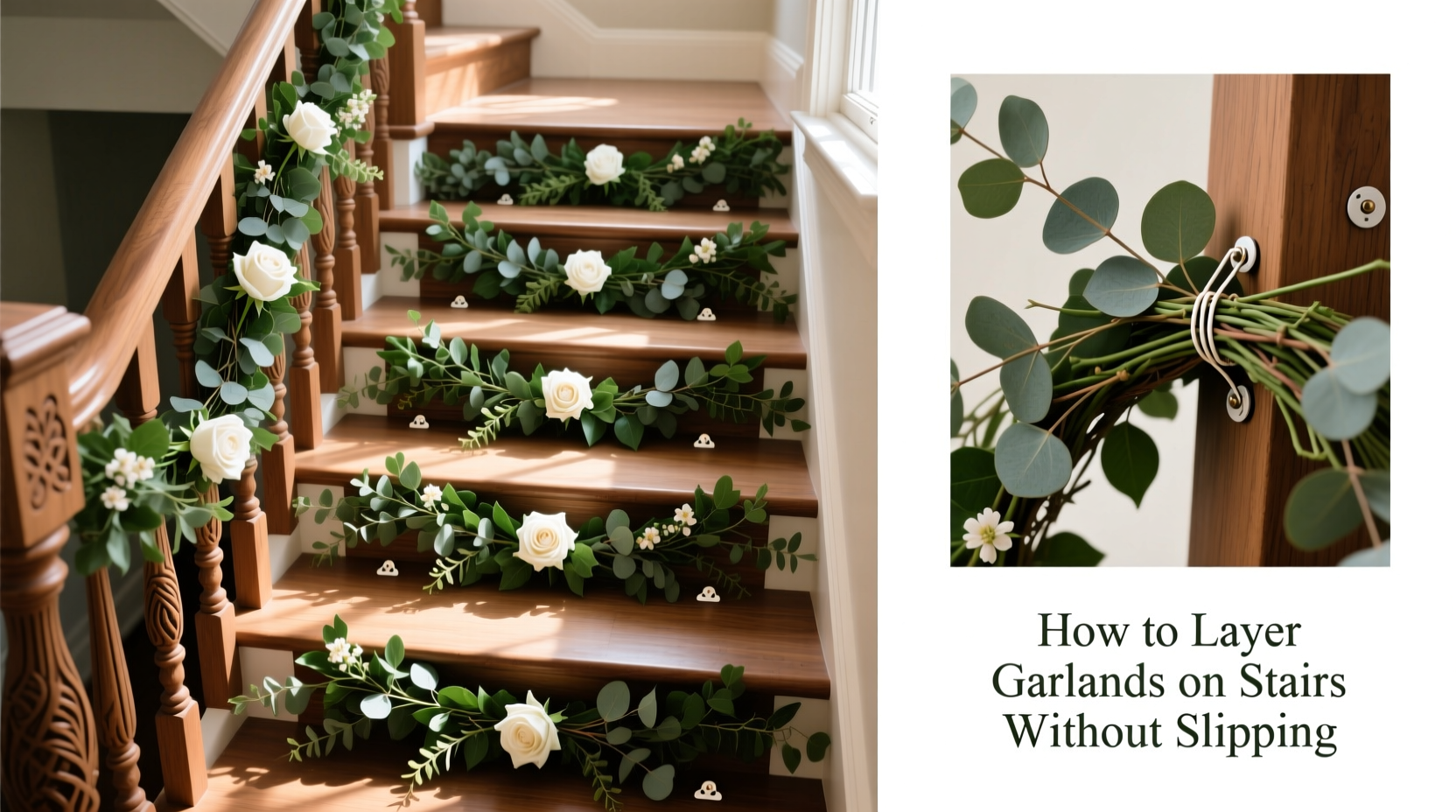 how to layer garlands on stairs without them slipping or falling