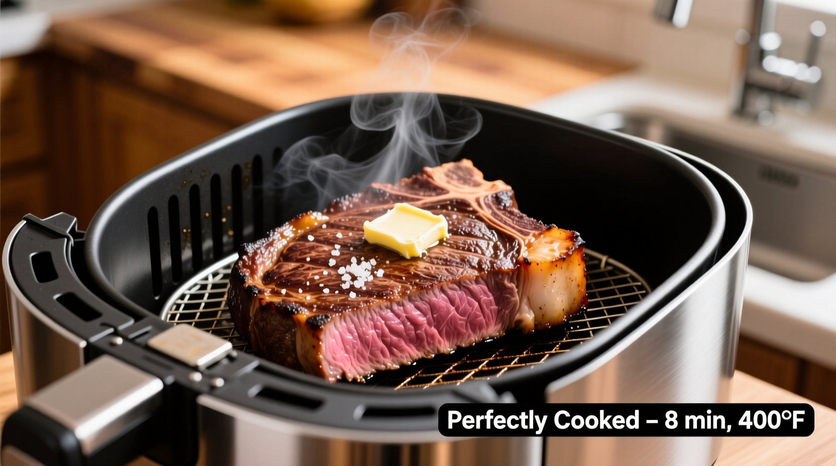 Perfectly cooked steak in air fryer basket
