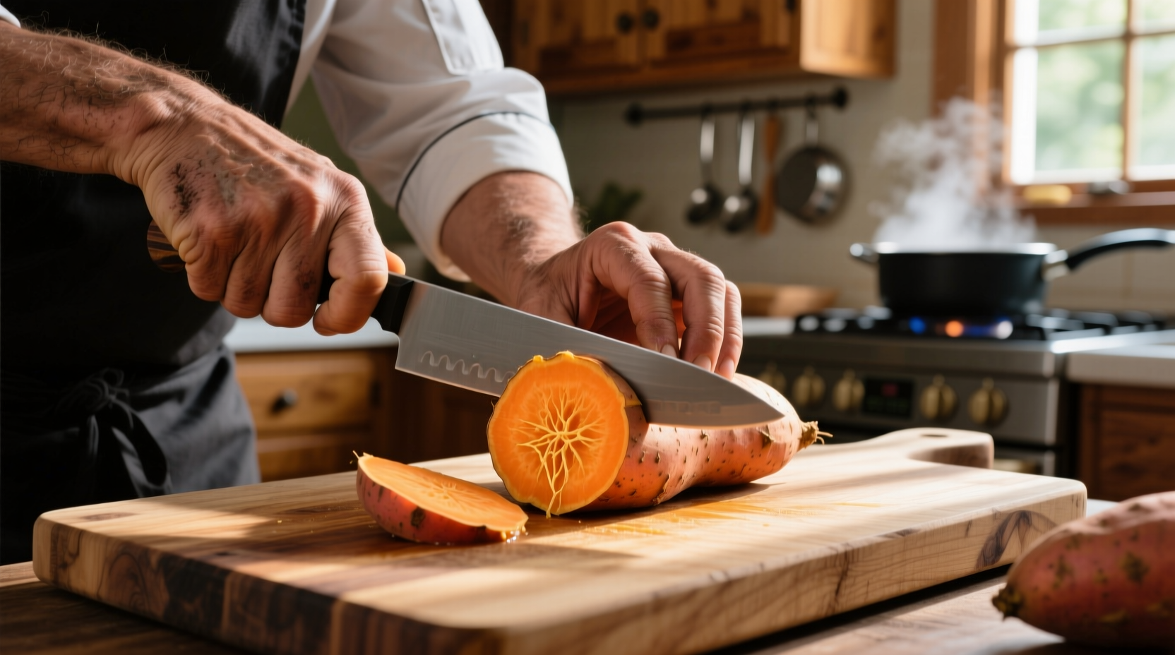 Chef's hands cutting sweet potato on wooden board