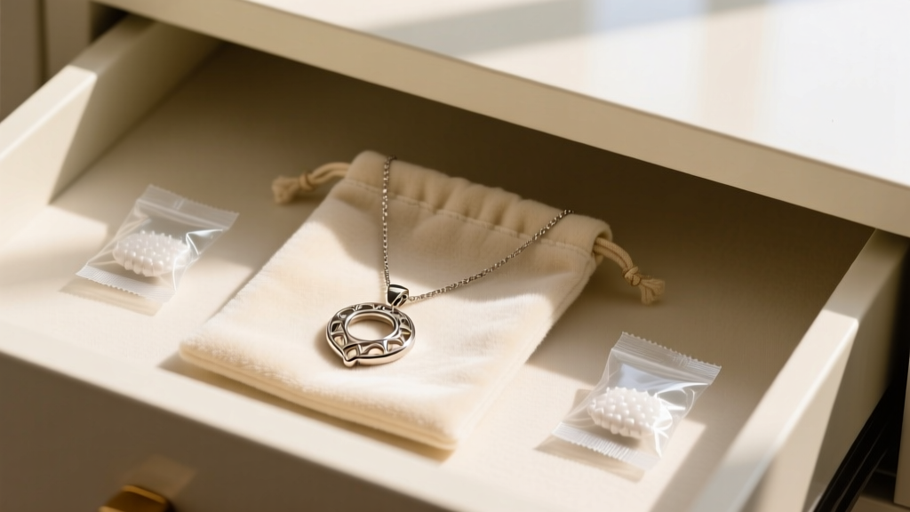 Jewelry drawer showing a Constantine pendant necklace laid flat in an anti-tarnish flannel pouch next to small silica gel packets