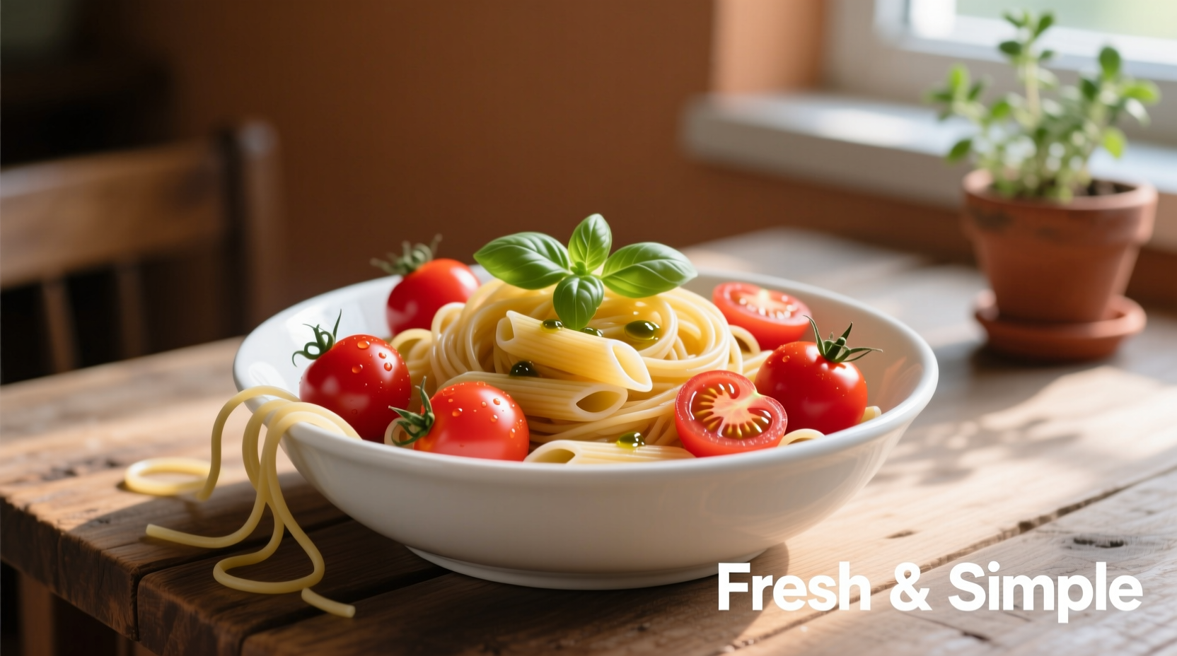 Fresh cherry tomatoes and pasta in white bowl