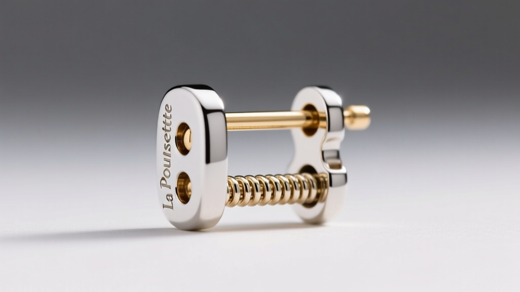 Elegant macro view of a La Pousette push-pull earring back on an 18k white gold post, showing the dual-spring locking mechanism