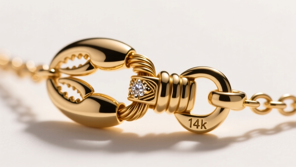 Macro shot of a 16-gauge gold wire choker necklace clasp, revealing the intricate lobster claw mechanism and a stamped 14k mark.