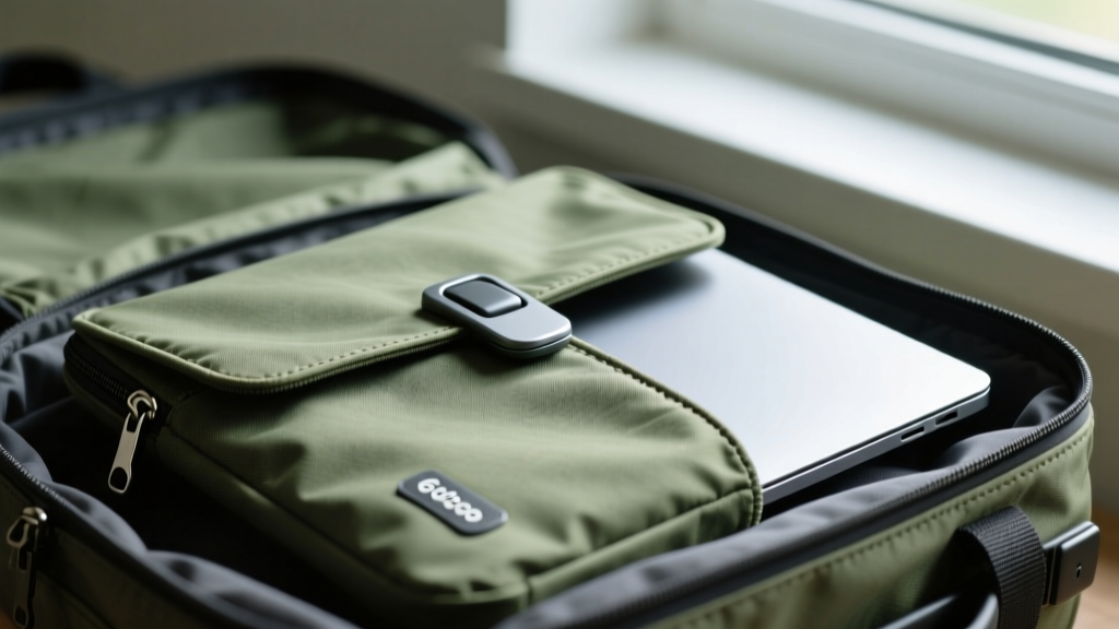 Close-up of water-resistant 600D recycled canvas laptop sleeve with magnetic fidlock closure protecting a 14-inch laptop inside a travel bag