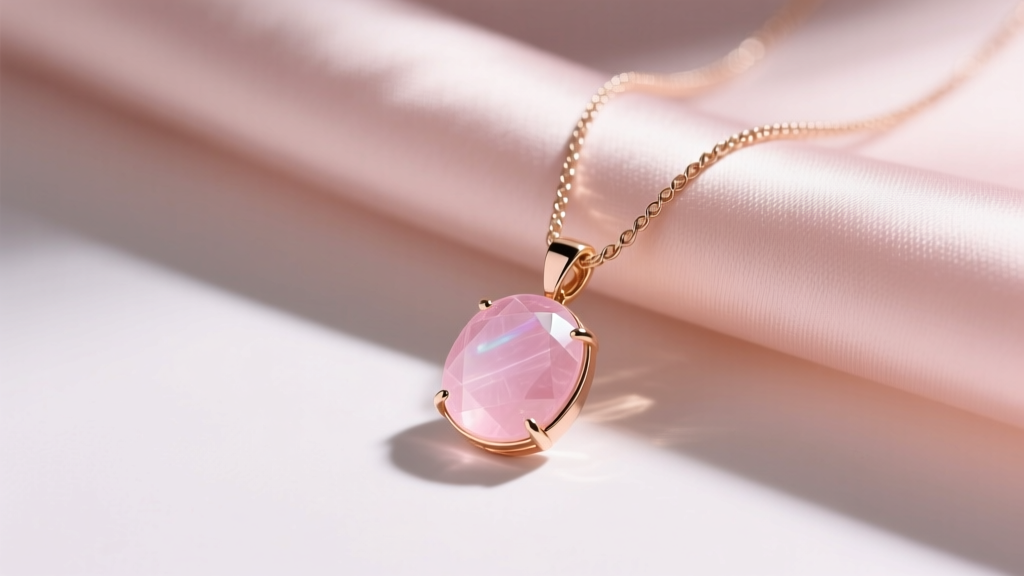 Polished rose quartz pendant necklace on blush silk, featuring a delicate 14k rose gold bezel setting and fine cable chain.