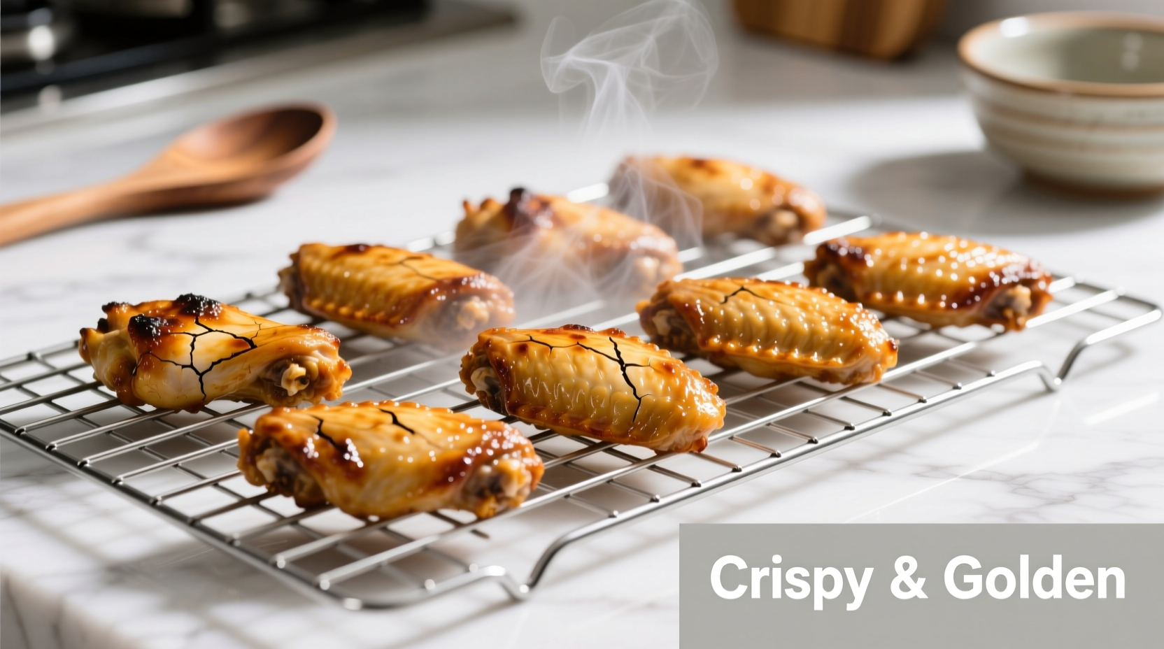 Crispy golden chicken wings on baking rack