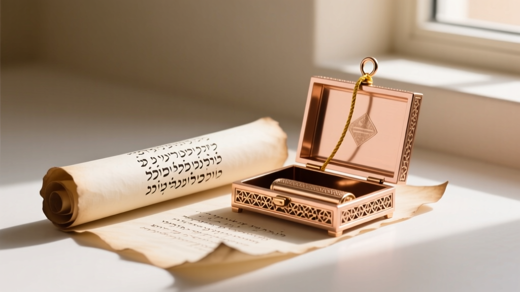 Small parchment scroll beside an open 14k rose gold mezuzah case, revealing the hollow interior compartment and top threading loop