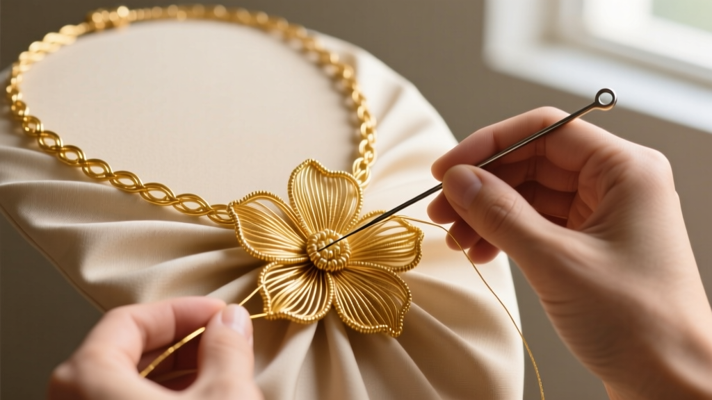 Hands stitching gold metallic wire into a floral petal on a stiffened fabric necklace base using a fine beading needle and thread