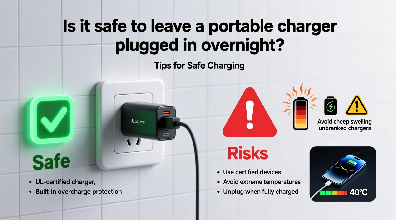 is it safe to leave a portable charger plugged in overnight risks and tips