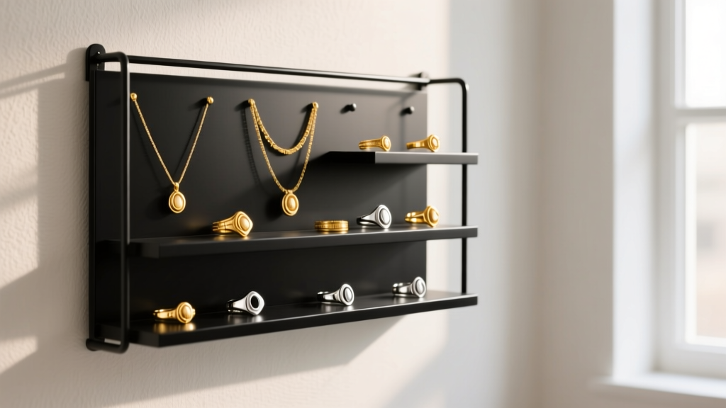 Black metal jewelry organizer wall in a bright room, displaying gold necklaces and silver rings under soft, warm lighting