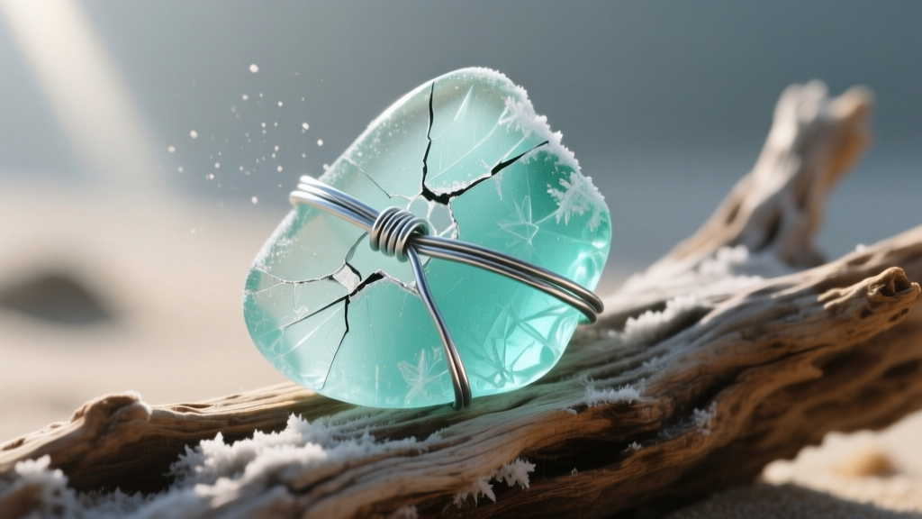 Macro shot of frosted aqua beach glass with a broken 24-gauge silver wire wrap, resting on a weathered piece of driftwood.