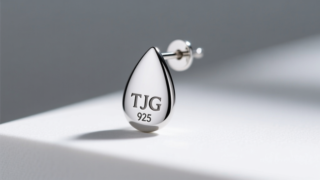 View of a TJG silver drop earring post showing the laser-engraved 925 hallmark and brand stamp under a jeweler