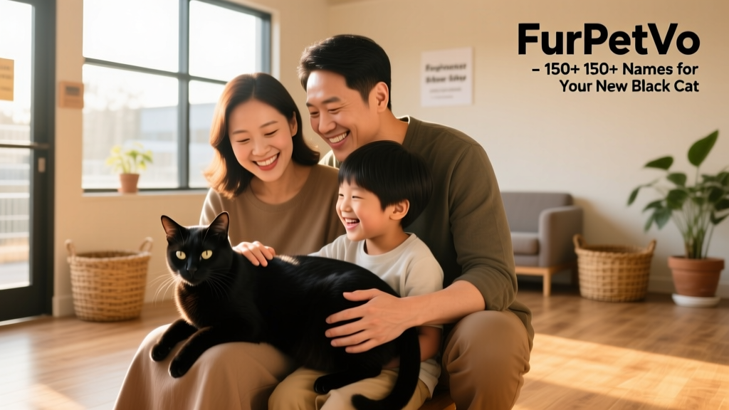 A joyful family gently petting their newly adopted black cat at a FurPetVo partner shelter