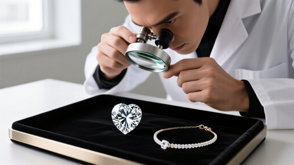 Jeweler inspecting the symmetry of a loose heart-cut diamond with a loupe before setting it into a white gold tennis necklace.