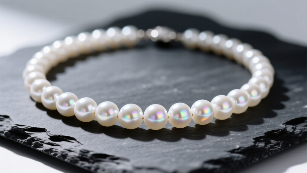 Macro photography of a lustrous white Akoya pearl necklace on dark slate, highlighting sharp light reflections on the nacre surface.