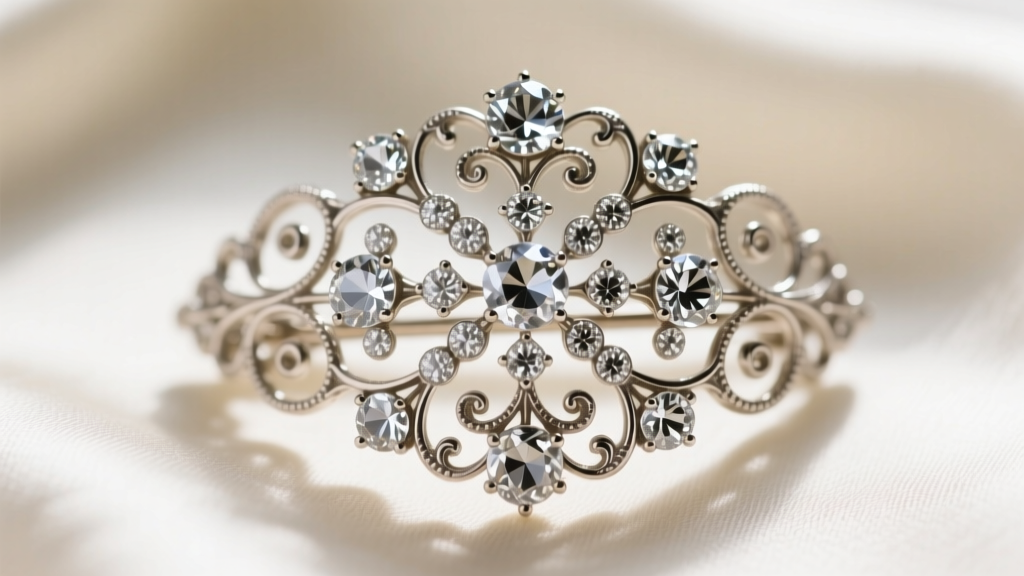 Close-up of an Edwardian era jewelry platinum lacework brooch with old European cut diamonds under bright macro lighting.