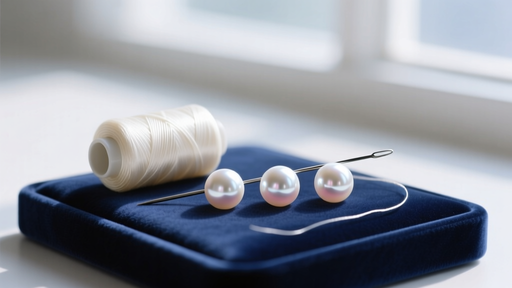 Spool of ivory silk thread and flexible needle resting next to three matched white Akoya pearls on a blue velvet jewelry pad.
