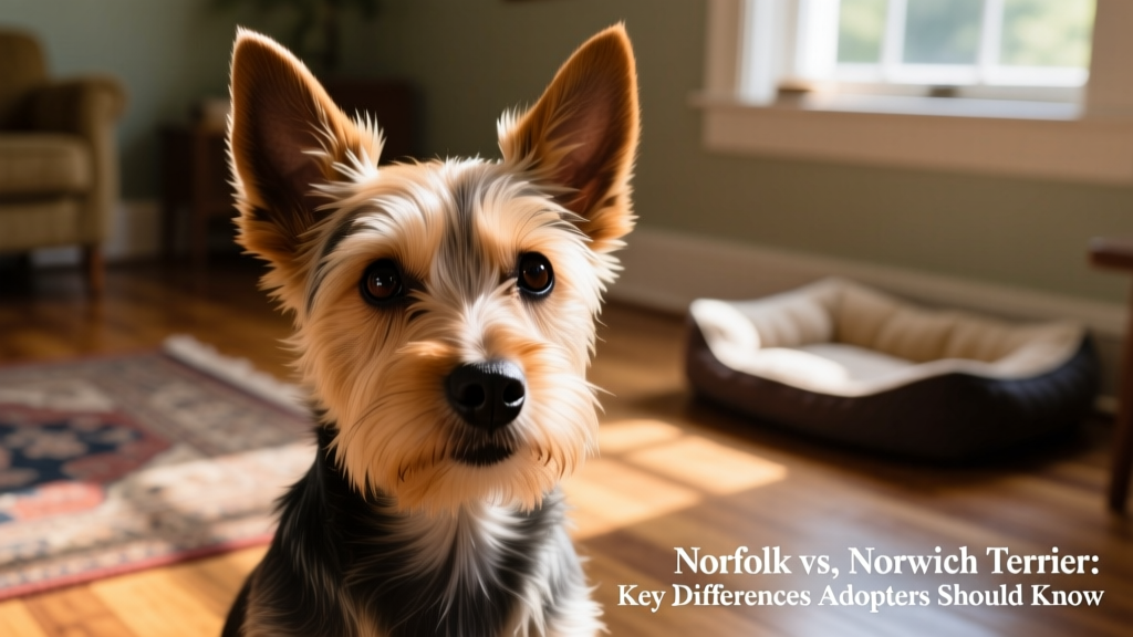 Close-up portrait of a Norwich Terrier showing its distinctive prick ears and expressive, dark-rimmed eyes