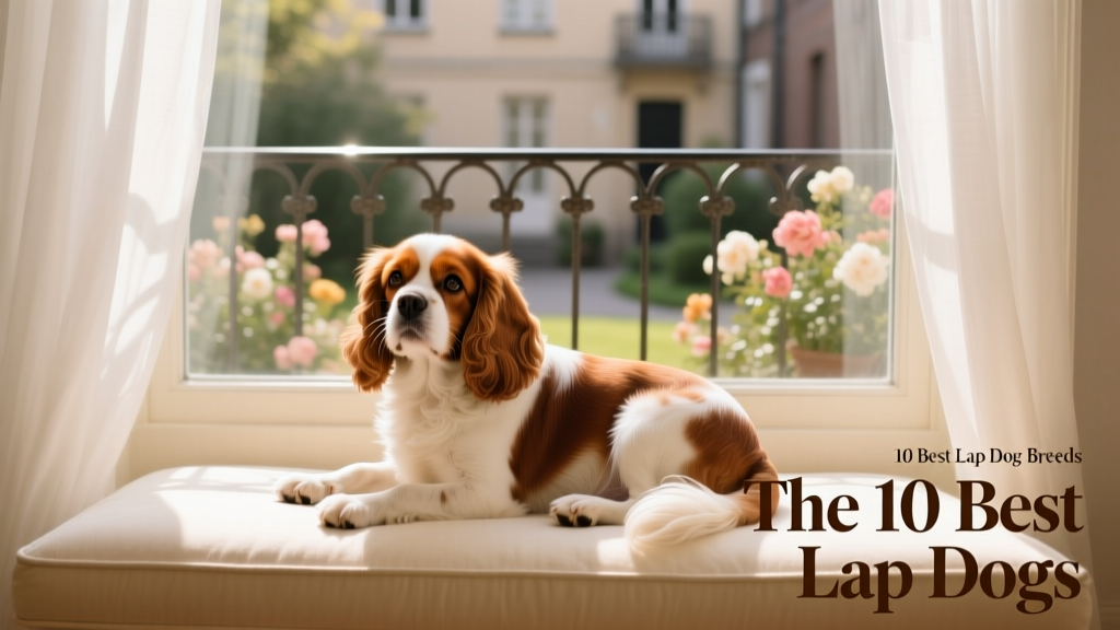 A Cavalier King Charles Spaniel curled up on a cushioned window seat, gazing peacefully outside